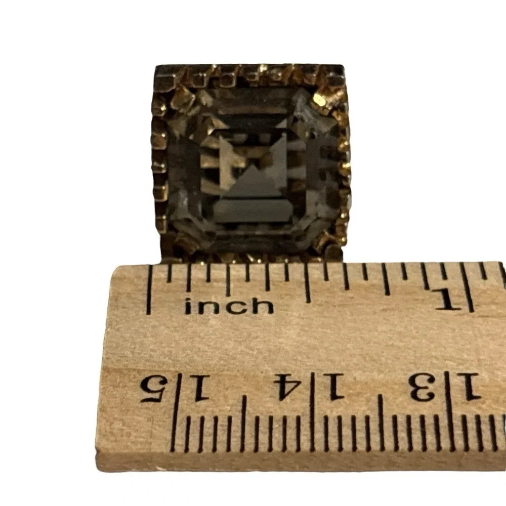 Smoky Gray Cufflinks Large Crystal‎ Rhinestone Gold Tone VTG Square Ridged Edges